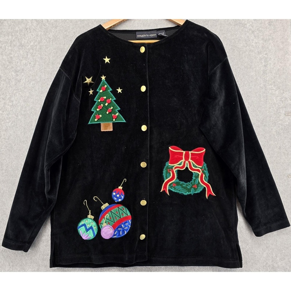Vtg Eagles Eye Christmas Black Velvet Jacket Sz L Embroidery Button Shacket